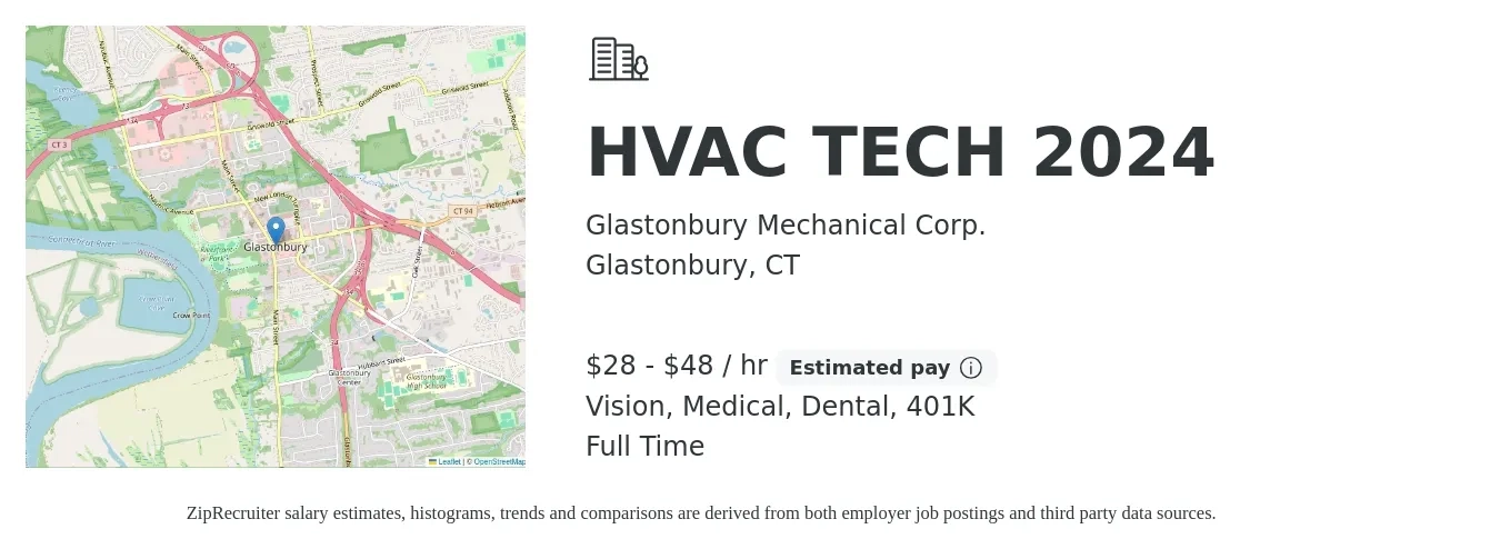Glastonbury Mechanical Corp. job posting for a HVAC TECH 2024 in Glastonbury, CT with a salary of $30 to $50 Hourly (plus commission) and benefits including dental, life_insurance, medical, vision, and 401k with a map of Glastonbury location.
