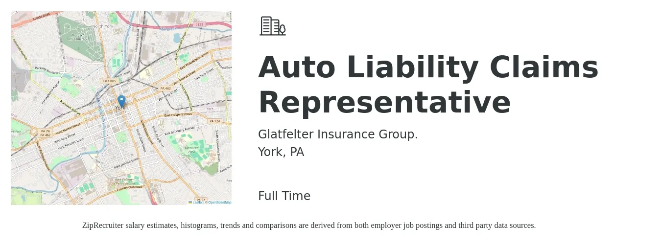Glatfelter Insurance Group. job posting for a Auto Liability Claims Representative in York, PA with a salary of $18 to $30 Hourly with a map of York location.