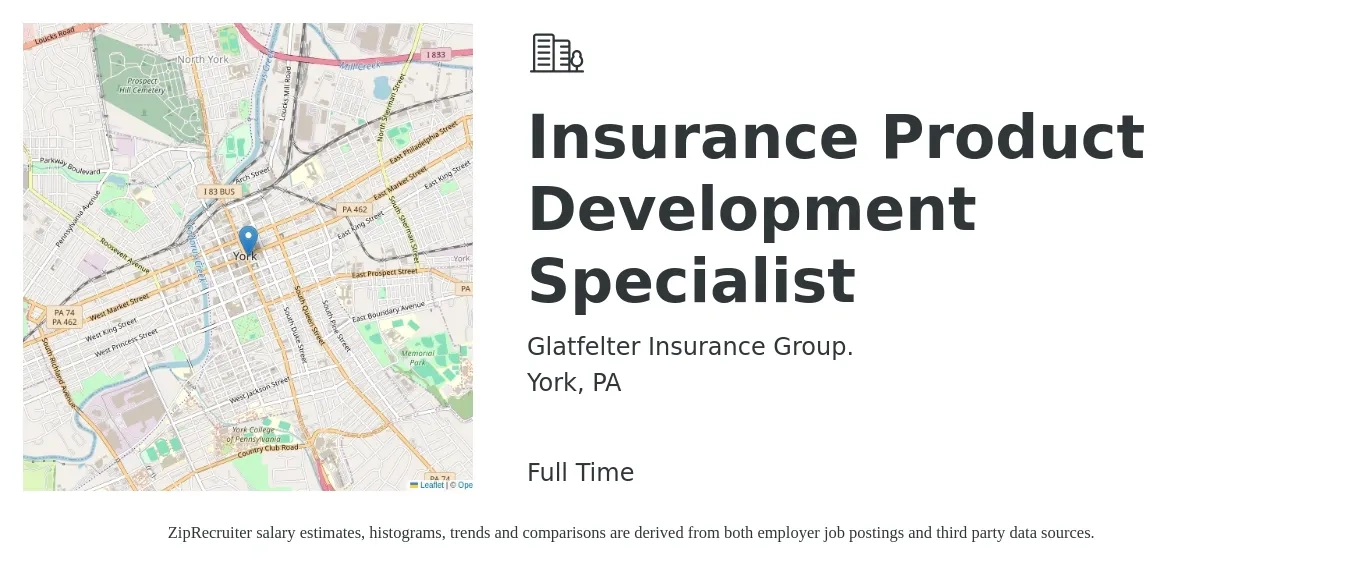 Glatfelter Insurance Group. job posting for a Insurance Product Development Specialist in York, PA with a salary of $59,500 to $134,800 Yearly with a map of York location.