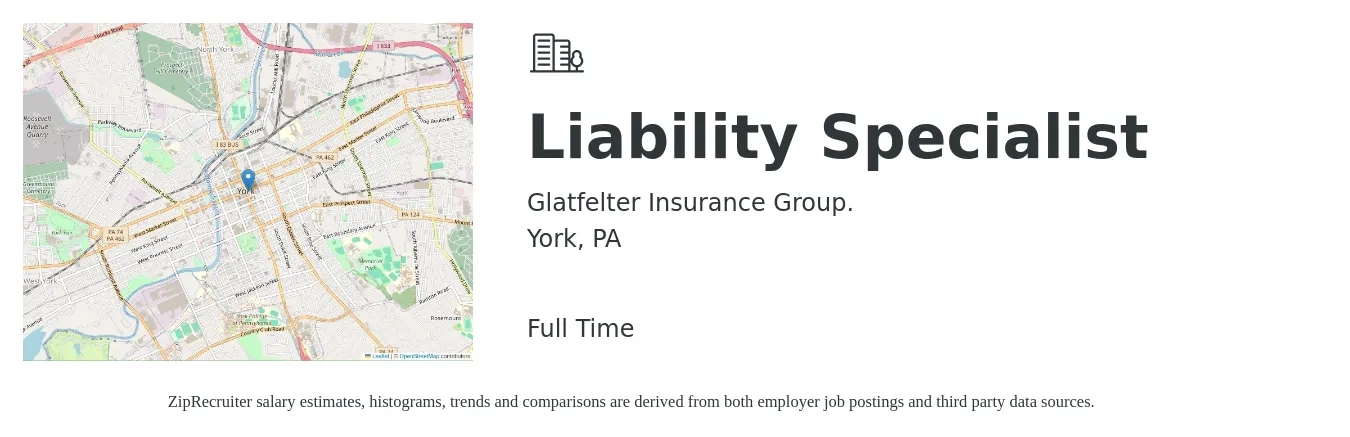 Glatfelter Insurance Group. job posting for a Liability Specialist in York, PA with a salary of $37,900 to $72,800 Yearly with a map of York location.