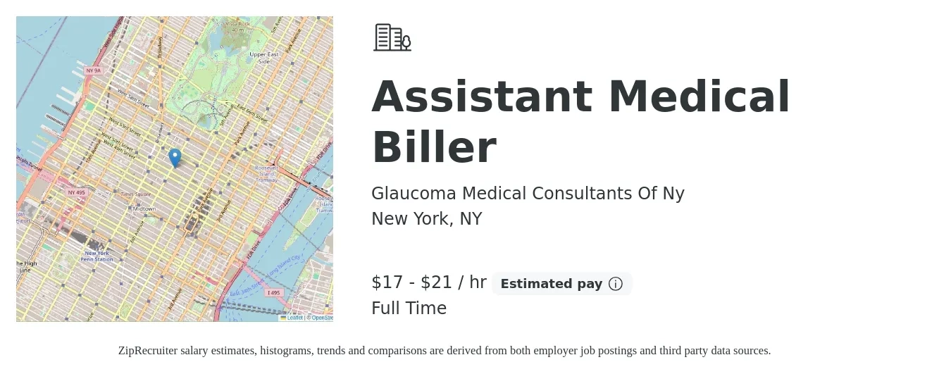 Glaucoma Medical Consultants Of Ny job posting for a Assistant Medical Biller in New York, NY with a salary of $18 to $22 Hourly with a map of New York location.