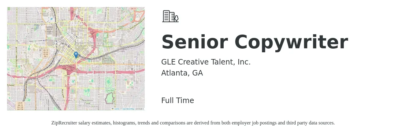 GLE Creative Talent, Inc. job posting for a Senior Copywriter in Atlanta, GA with a salary of $69,200 to $104,800 Yearly with a map of Atlanta location.