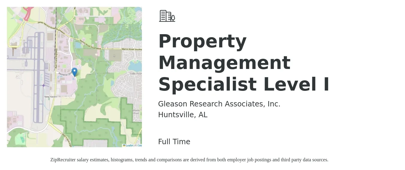Gleason Research Associates, Inc. job posting for a Property Management Specialist Level I in Huntsville, AL with a salary of $17 to $19 Hourly with a map of Huntsville location.