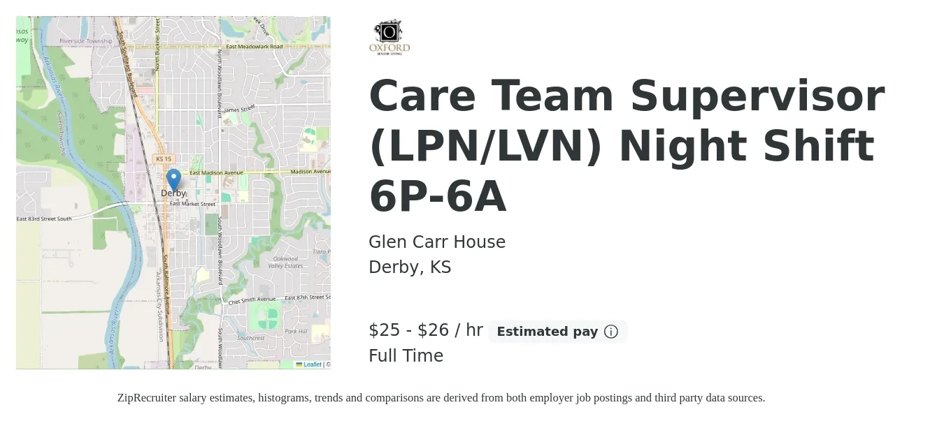Glen Carr House job posting for a Care Team Supervisor (LPN/LVN) Night Shift 6P-6A in Derby, KS with a salary of $26 to $28 Hourly with a map of Derby location.