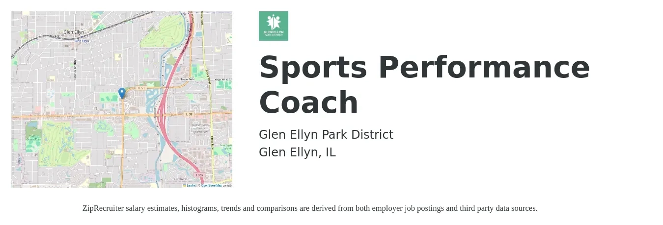 Glen Ellyn Park District job posting for a Sports Performance Coach in Glen Ellyn, IL with a salary of $18 to $33 Hourly with a map of Glen Ellyn location.