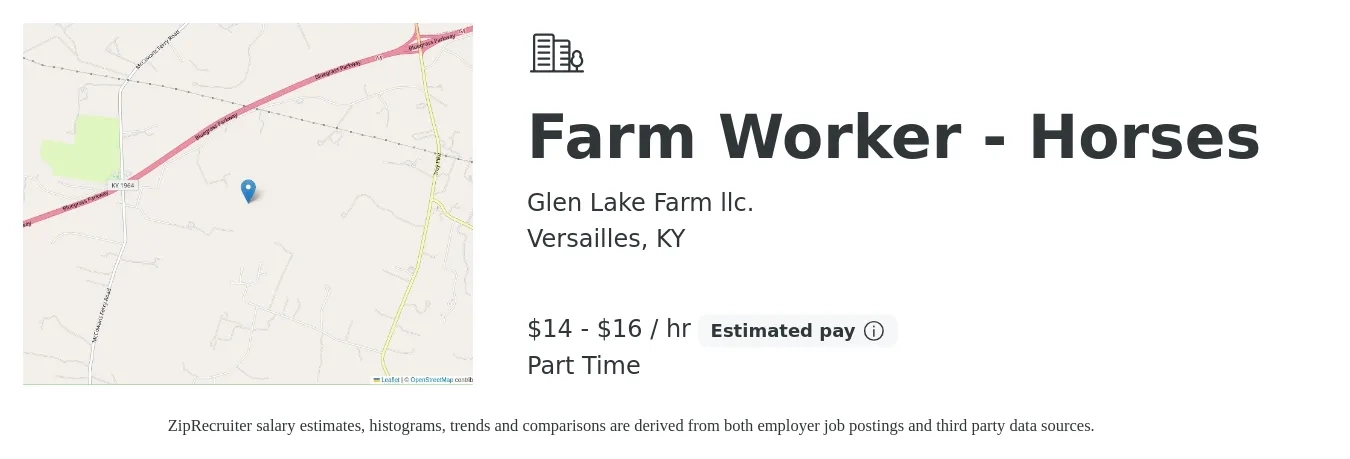 Glen Lake Farm llc. job posting for a Farm Worker - Horses in Versailles, KY with a salary of $15 to $17 Hourly with a map of Versailles location.
