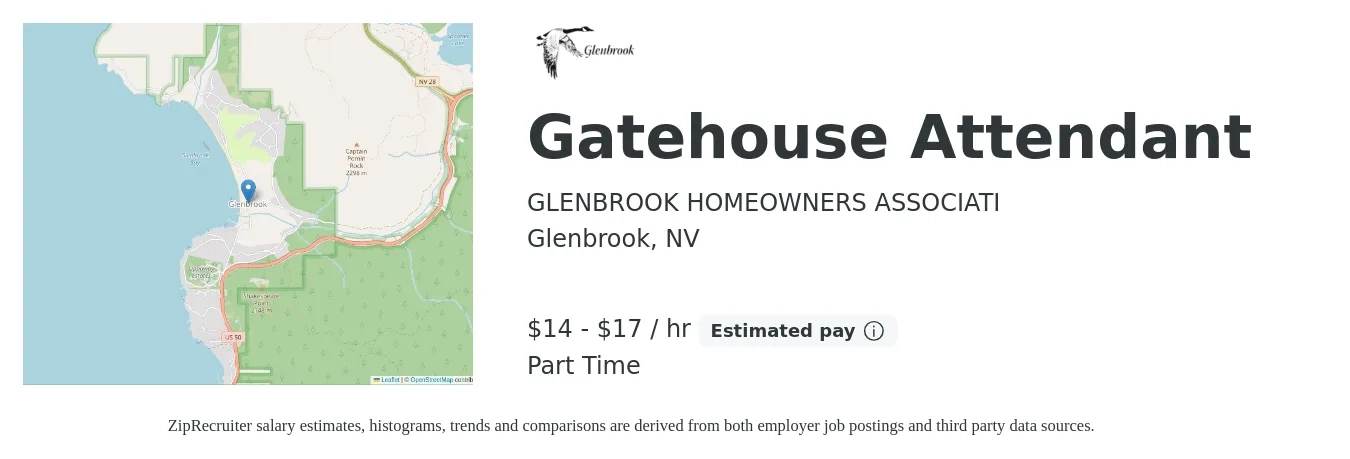 GLENBROOK HOMEOWNERS ASSOCIATI job posting for a Gatehouse Attendant in Glenbrook, NV with a salary of $15 to $18 Hourly with a map of Glenbrook location.