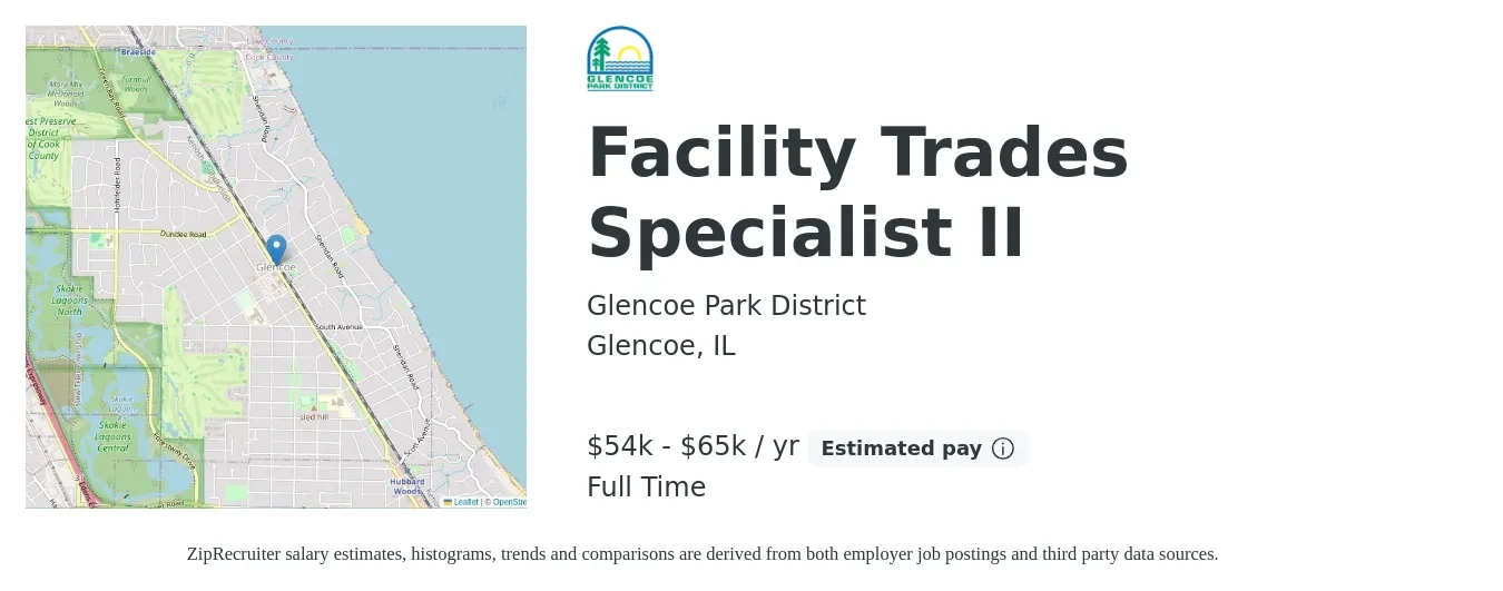 Glencoe Park District job posting for a Facility Trades Specialist II in Glencoe, IL with a salary of $54,000 to $65,000 Yearly with a map of Glencoe location.