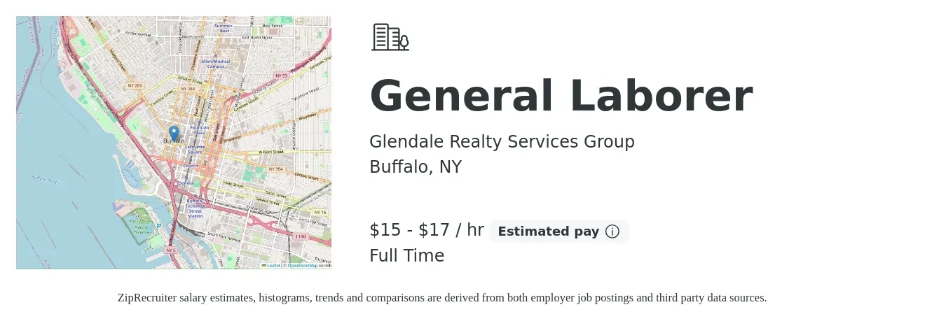 Glendale Realty Services Group job posting for a General Laborer in Buffalo, NY with a salary of $15 to $18 Hourly with a map of Buffalo location.