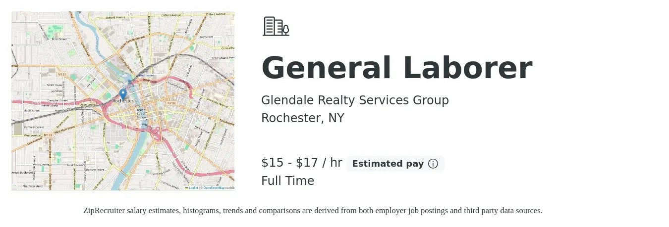Glendale Realty Services Group job posting for a General Laborer in Rochester, NY with a salary of $15 to $18 Hourly with a map of Rochester location.