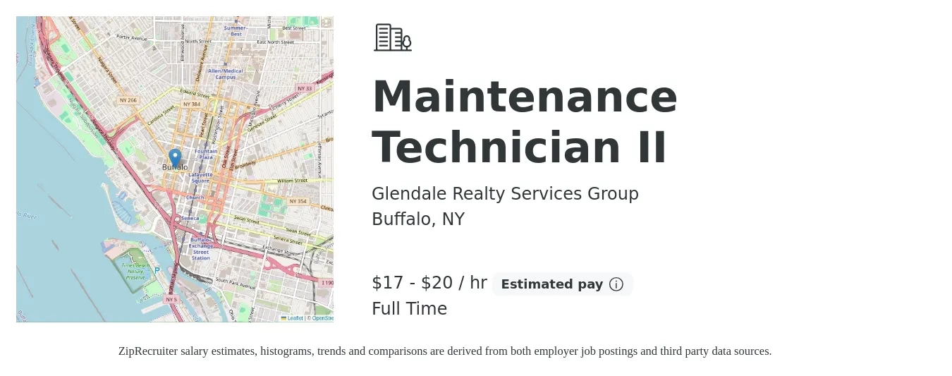 Glendale Realty Services Group job posting for a Maintenance Technician II in Buffalo, NY with a salary of $18 to $21 Hourly with a map of Buffalo location.