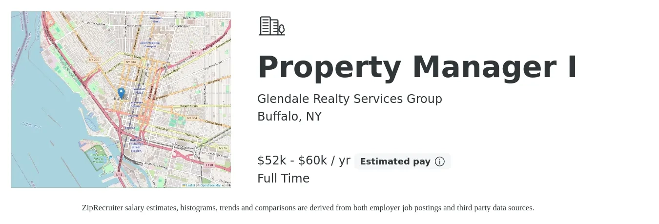 Glendale Realty Services Group job posting for a Property Manager I in Buffalo, NY with a salary of $52,000 to $65,000 Yearly with a map of Buffalo location.