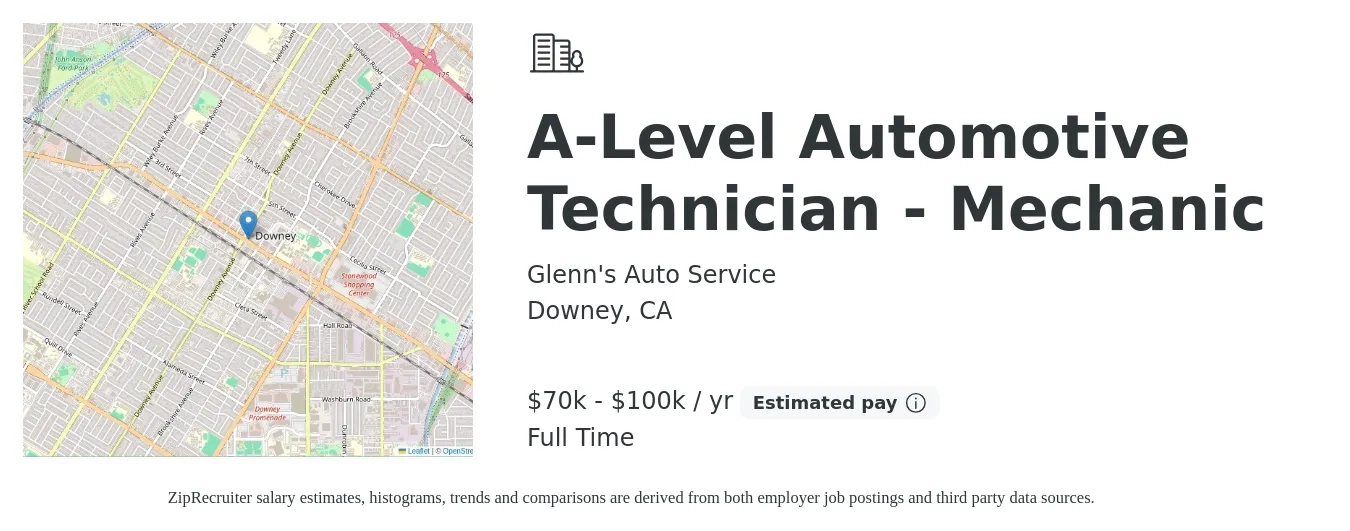 Glenn's Auto Service job posting for a A-Level Automotive Technician - Mechanic in Downey, CA with a salary of $70,000 to $100,000 Yearly with a map of Downey location.