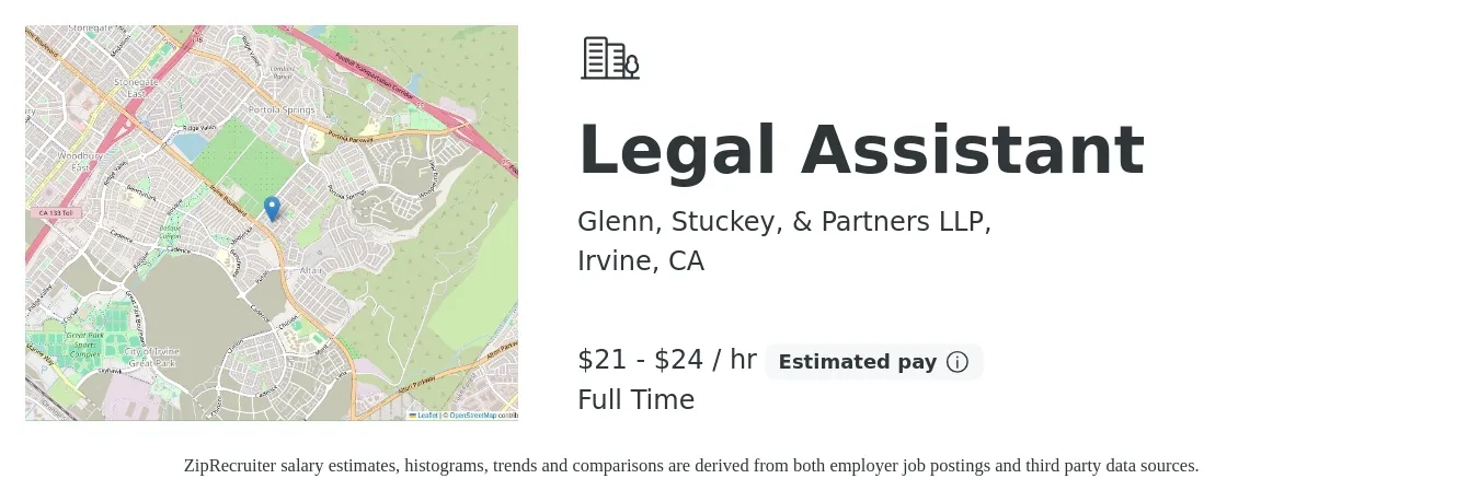 Glenn, Stuckey, & Partners LLP, job posting for a Legal Assistant in Irvine, CA with a salary of $22 to $25 Hourly with a map of Irvine location.