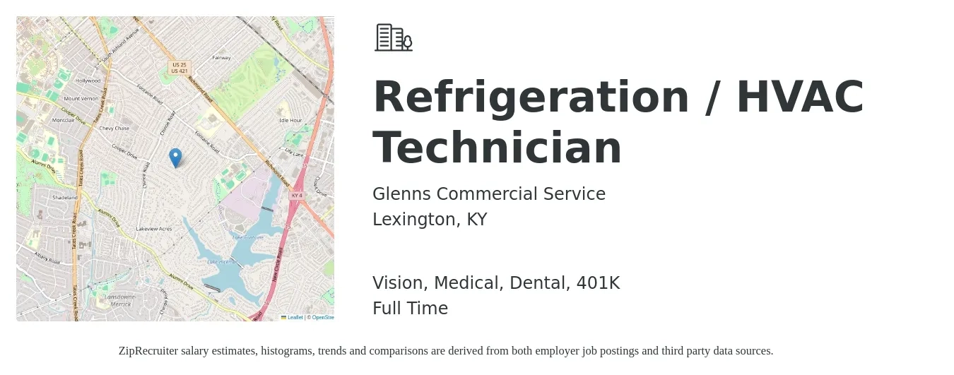 Glenns Commercial Service job posting for a Refrigeration / HVAC Technician in Lexington, KY with a salary of $25 to $34 Hourly and benefits including 401k, dental, life_insurance, medical, and vision with a map of Lexington location.