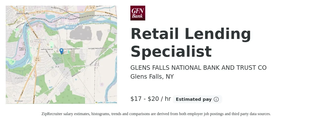 GLENS FALLS NATIONAL BANK AND TRUST CO job posting for a Retail Lending Specialist in Glens Falls, NY with a salary of $18 to $21 Hourly with a map of Glens Falls location.