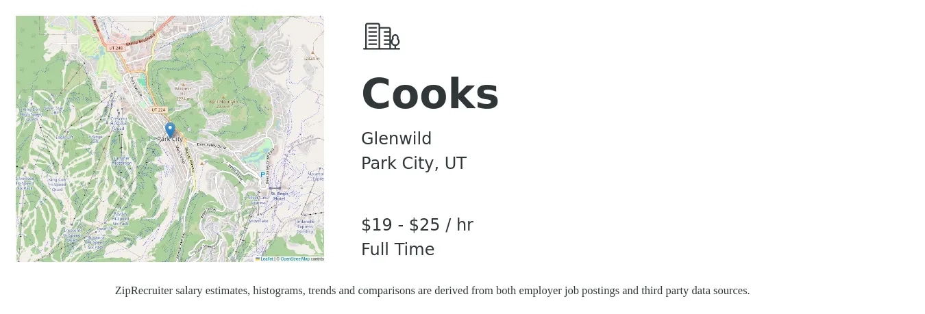 Glenwild job posting for a Cooks in Park City, UT with a salary of $20 to $26 Hourly with a map of Park City location.
