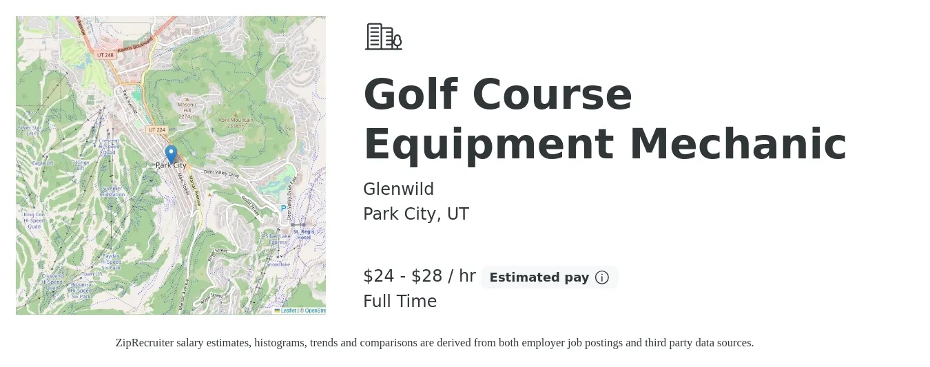 Glenwild job posting for a Golf Course Equipment Mechanic in Park City, UT with a salary of $25 to $30 Hourly with a map of Park City location.