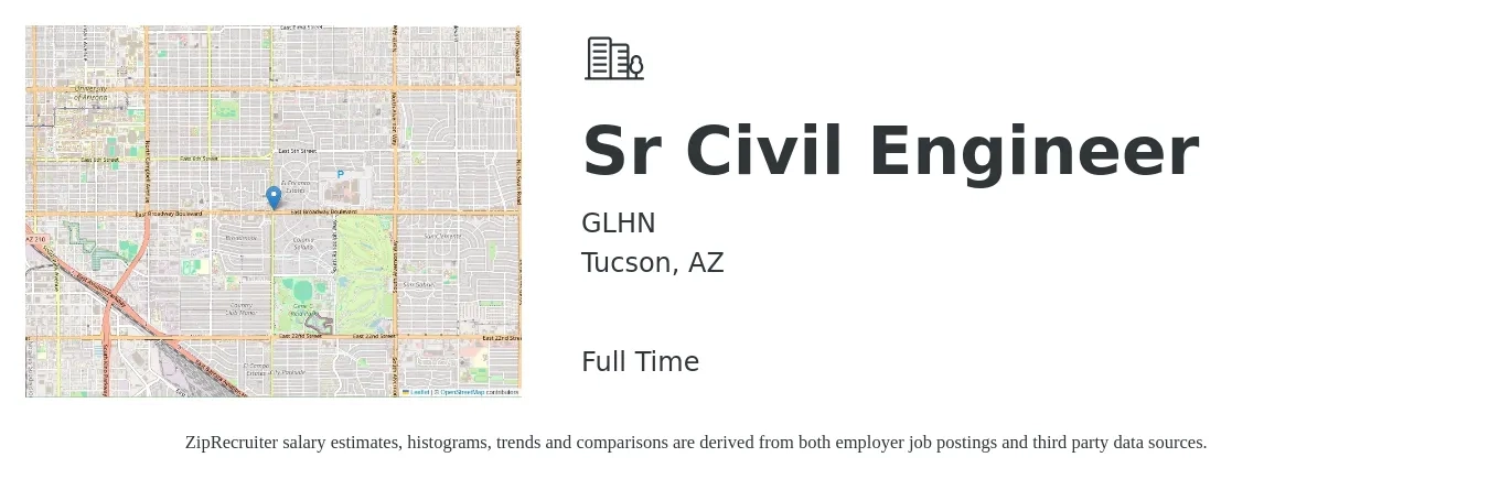 GLHN job posting for a Sr Civil Engineer in Tucson, AZ with a salary of $73,900 to $110,000 Yearly with a map of Tucson location.