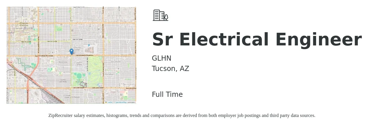 GLHN job posting for a Sr Electrical Engineer in Tucson, AZ with a salary of $92,400 to $120,400 Yearly with a map of Tucson location.