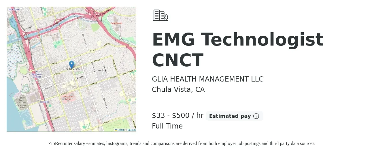 GLIA HEALTH MANAGEMENT LLC job posting for a EMG Technologist CNCT in Chula Vista, CA with a salary of $35 to $520 Hourly with a map of Chula Vista location.