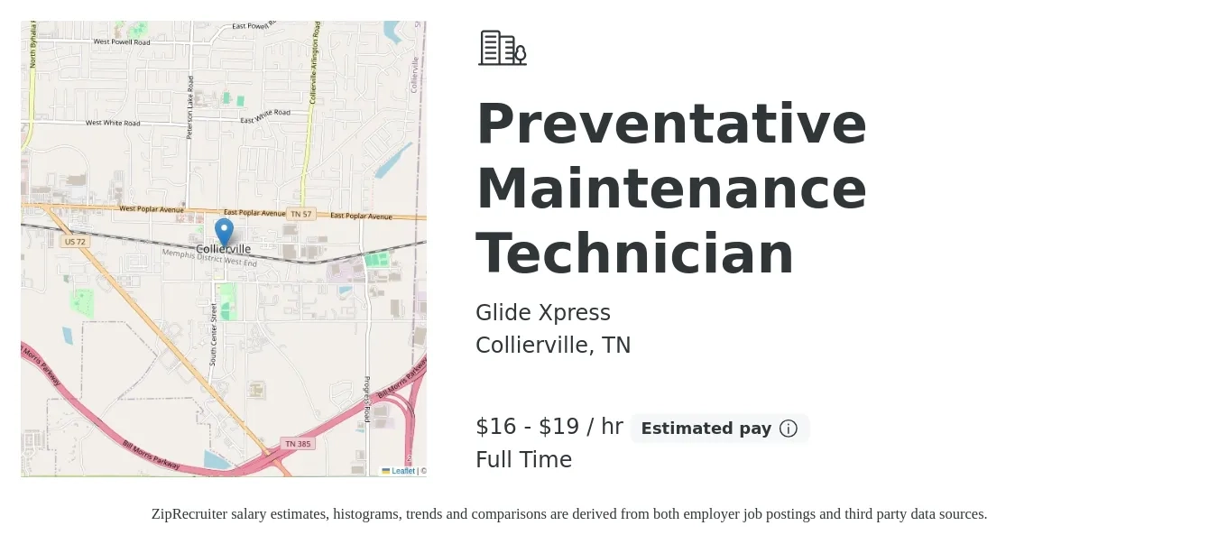 Glide Xpress job posting for a Preventative Maintenance Technician in Collierville, TN with a salary of $17 to $20 Hourly with a map of Collierville location.