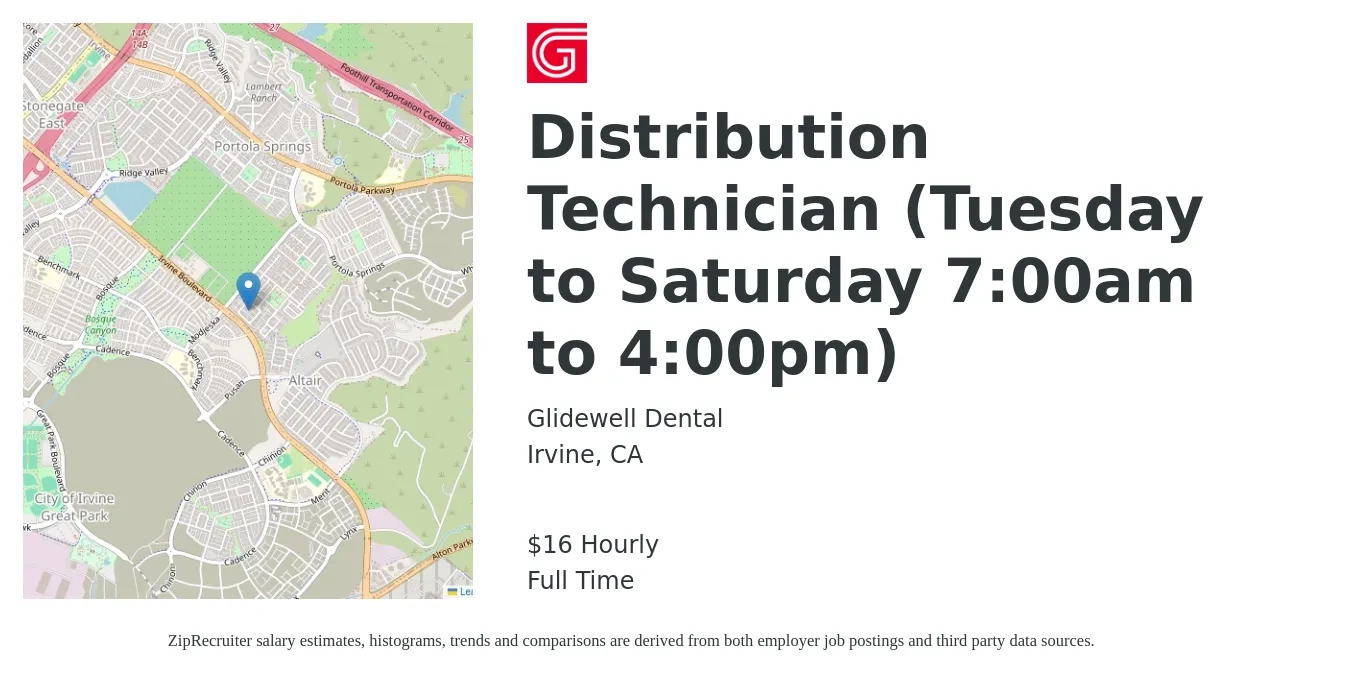 Glidewell Dental job posting for a Distribution Technician (Tuesday to Saturday 7:00am to 4:00pm) in Irvine, CA with a salary of $17 Hourly with a map of Irvine location.