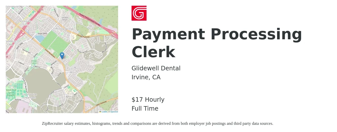 Glidewell Dental job posting for a Payment Processing Clerk in Irvine, CA with a salary of $18 Hourly with a map of Irvine location.