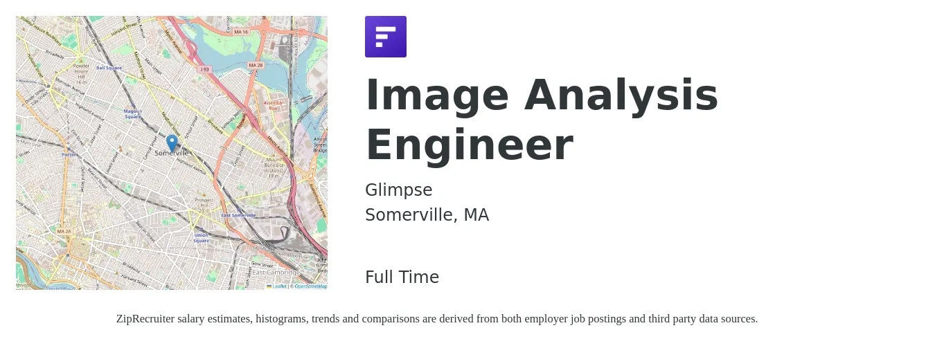 Glimpse job posting for a Image Analysis Engineer in Somerville, MA with a salary of $59 to $76 Hourly with a map of Somerville location.