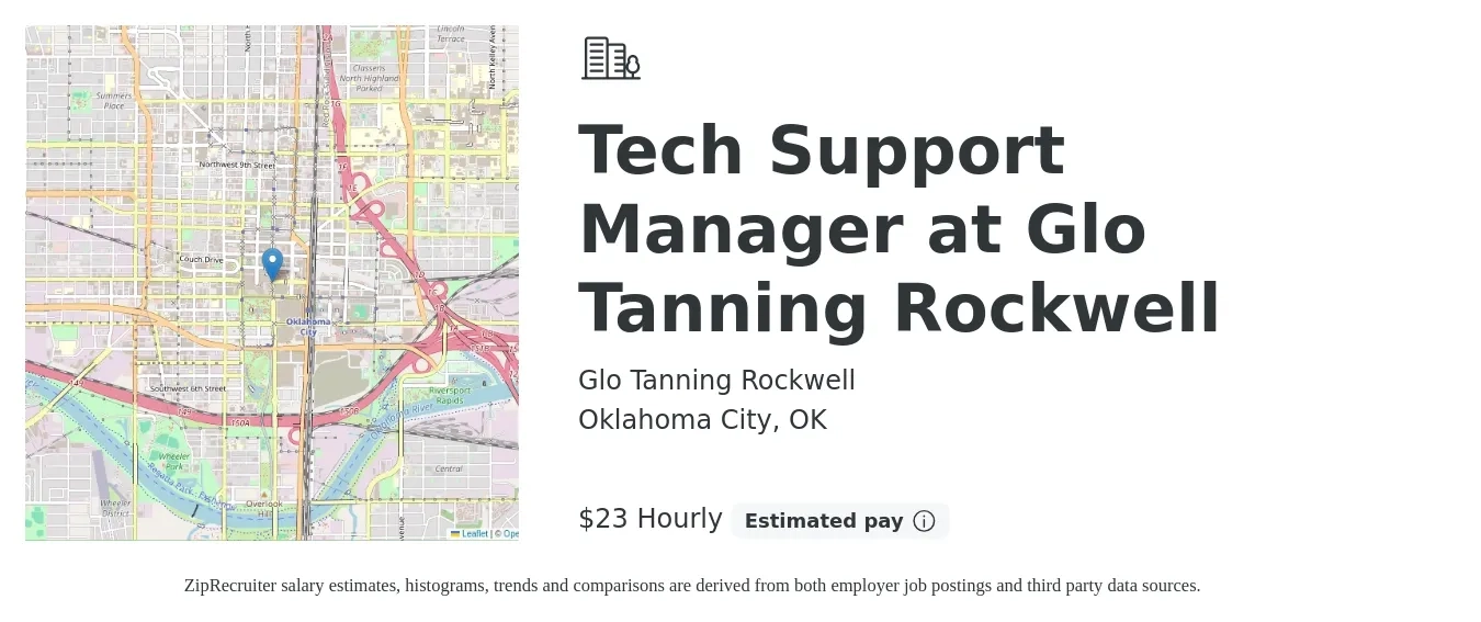 Glo Tanning Rockwell job posting for a Tech Support Manager at Glo Tanning Rockwell in Oklahoma City, OK with a salary of $25 to $25 Hourly with a map of Oklahoma City location.