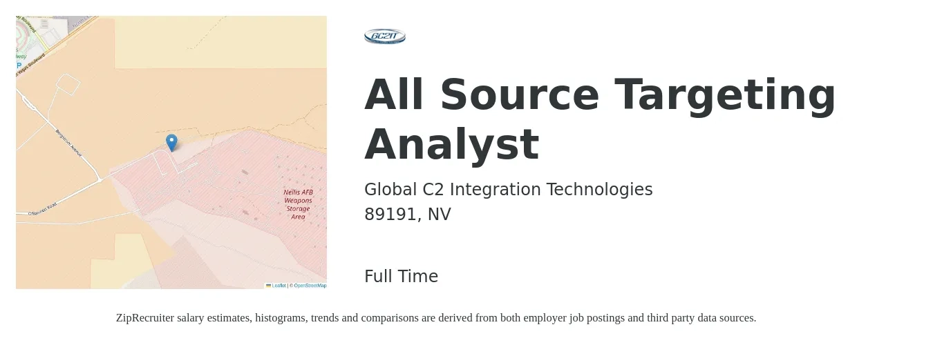 Global C2 Integration Technologies job posting for a All Source Targeting Analyst in 89191, NV with a salary of $35 to $58 Hourly with a map of 89191 location.