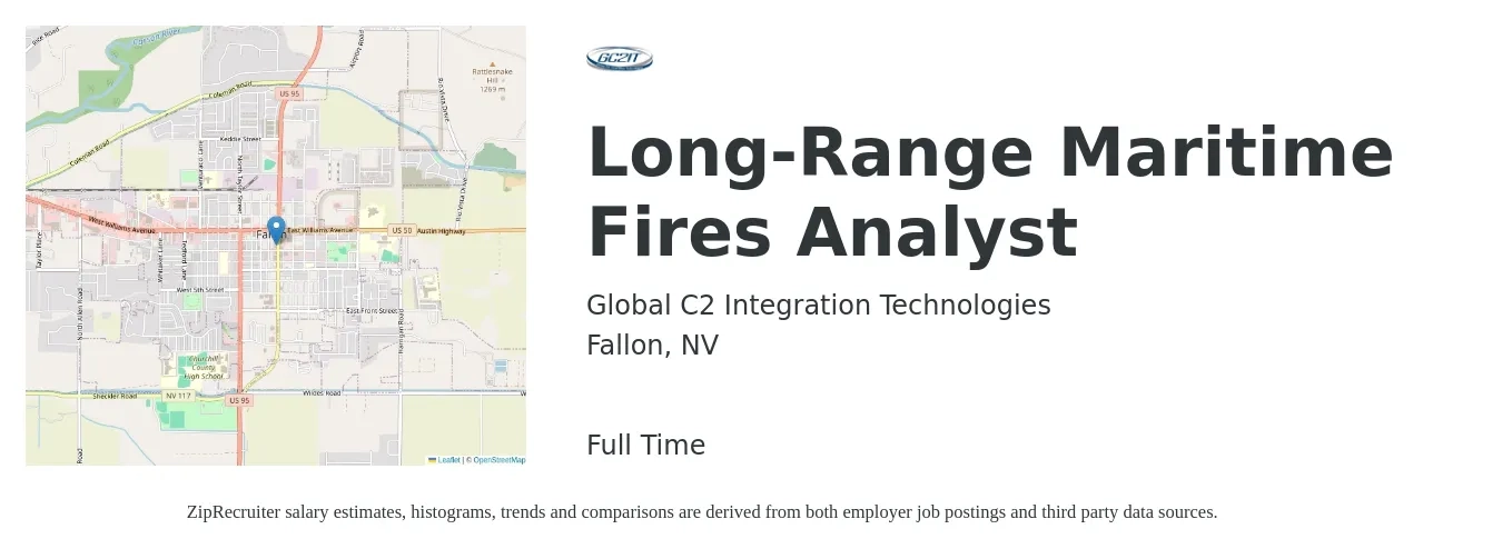 Global C2 Integration Technologies job posting for a Long-Range Maritime Fires Analyst in Fallon, NV with a salary of $83,700 to $110,800 Yearly with a map of Fallon location.