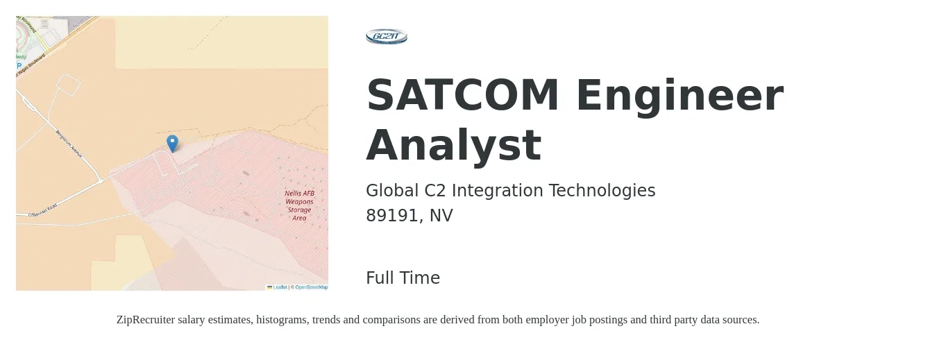 Global C2 Integration Technologies job posting for a SATCOM Engineer Analyst in 89191, NV with a salary of $25 to $42 Hourly with a map of 89191 location.