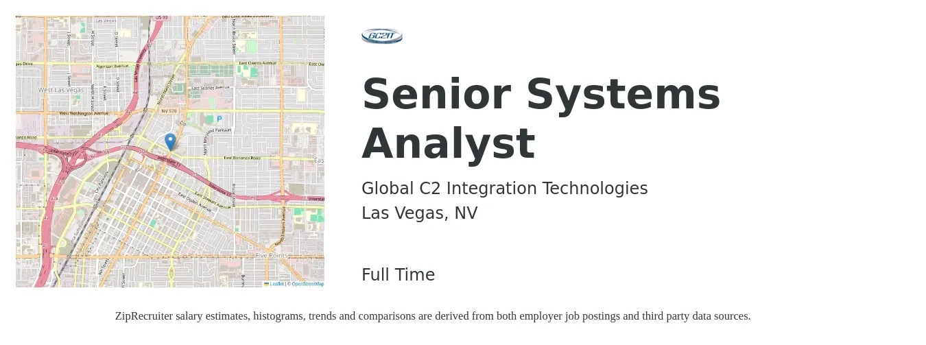 Global C2 Integration Technologies job posting for a Senior Systems Analyst in Las Vegas, NV with a salary of $71,500 to $104,900 Yearly with a map of Las Vegas location.