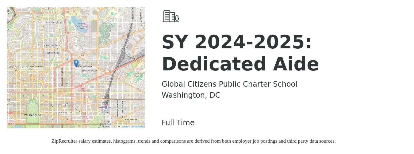 Global Citizens Public Charter School job posting for a SY 2024-2025: Dedicated Aide in Washington, DC with a salary of $28,000 to $38,000 Monthly with a map of Washington location.