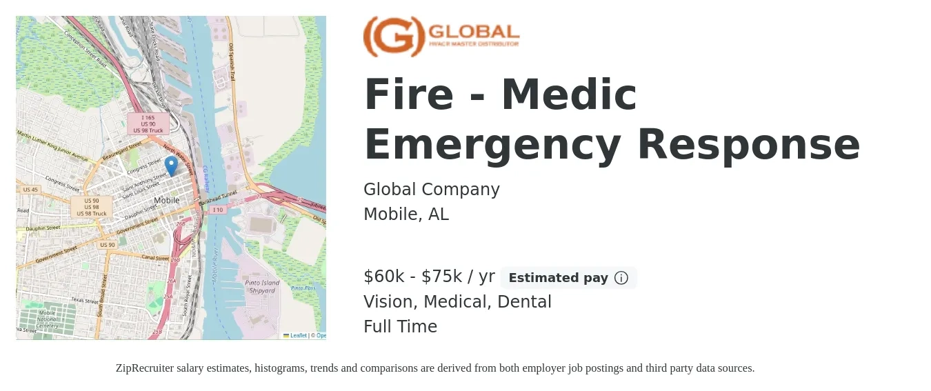 Global Company job posting for a Fire - Medic Emergency Response in Mobile, AL with a salary of $60,000 to $75,000 Yearly and benefits including dental, life_insurance, medical, retirement, and vision with a map of Mobile location.
