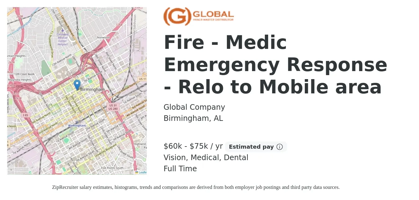 Global Company job posting for a Fire - Medic Emergency Response - Relo to Mobile area in Birmingham, AL with a salary of $60,000 to $75,000 Yearly and benefits including retirement, vision, dental, life_insurance, and medical with a map of Birmingham location.