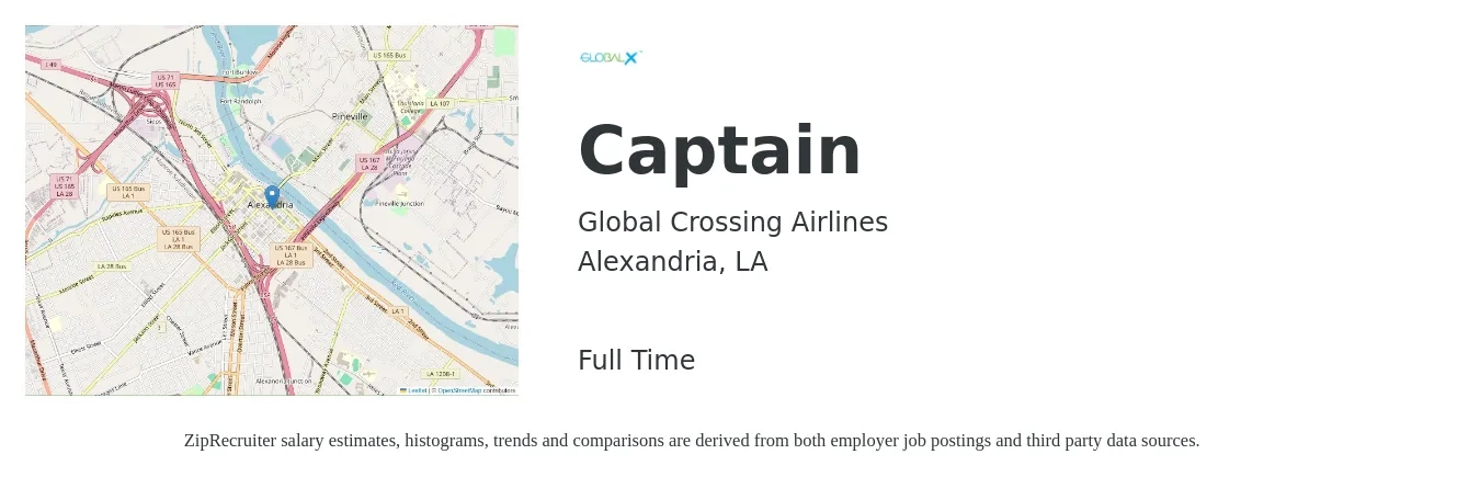 Global Crossing Airlines job posting for a Captain in Alexandria, LA with a salary of $15 to $18 Hourly with a map of Alexandria location.