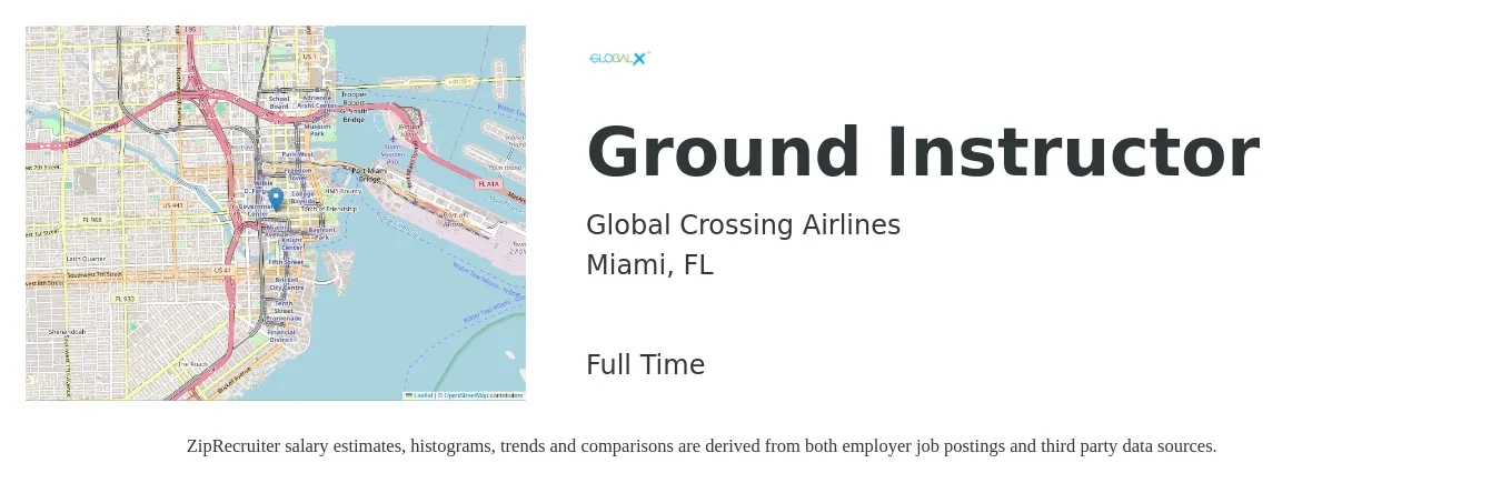 Global Crossing Airlines job posting for a Ground Instructor in Miami, FL with a salary of $20 to $28 Hourly with a map of Miami location.