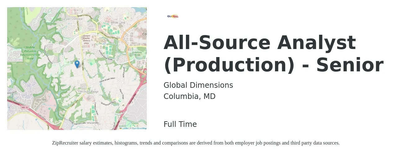 Global Dimensions job posting for a All-Source Analyst (Production) - Senior in Columbia, MD with a salary of $73,400 to $122,100 Yearly with a map of Columbia location.