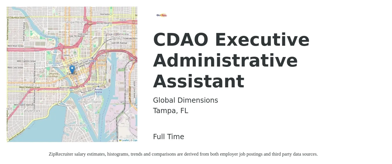 Global Dimensions job posting for a CDAO Executive Administrative Assistant in Tampa, FL with a salary of $22 to $35 Hourly with a map of Tampa location.