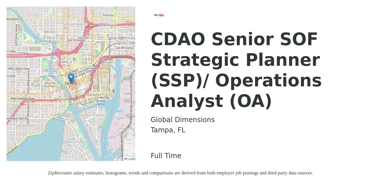 Global Dimensions job posting for a CDAO Senior SOF Strategic Planner (SSP)/ Operations Analyst (OA) in Tampa, FL with a salary of $88,800 to $110,100 Yearly with a map of Tampa location.