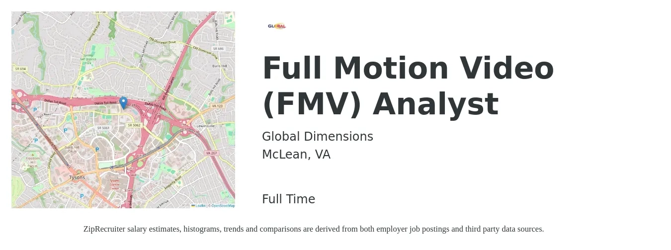 Global Dimensions job posting for a Full Motion Video (FMV) Analyst in McLean, VA with a salary of $74,800 to $124,300 Yearly with a map of McLean location.