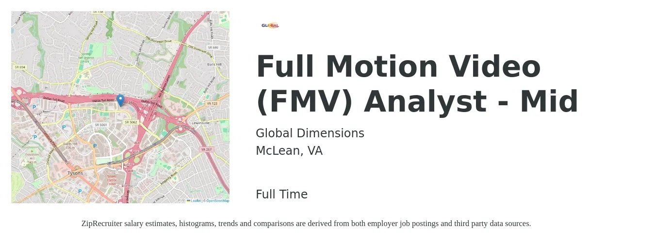 Global Dimensions job posting for a Full Motion Video (FMV) Analyst - Mid in McLean, VA with a salary of $48,500 to $104,100 Yearly with a map of McLean location.