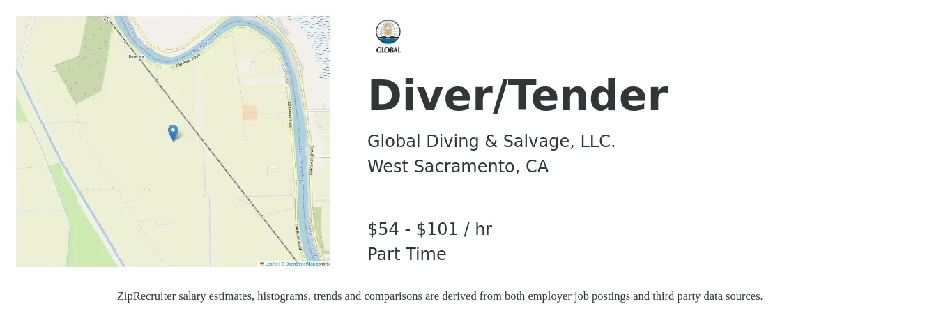 Global Diving & Salvage, LLC. job posting for a Diver/Tender in West Sacramento, CA with a salary of $56 to $106 Hourly with a map of West Sacramento location.