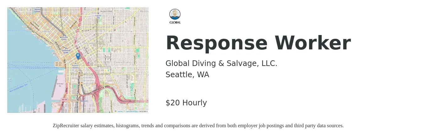 Global Diving & Salvage, LLC. job posting for a Response Worker in Seattle, WA with a salary of $22 Hourly with a map of Seattle location.