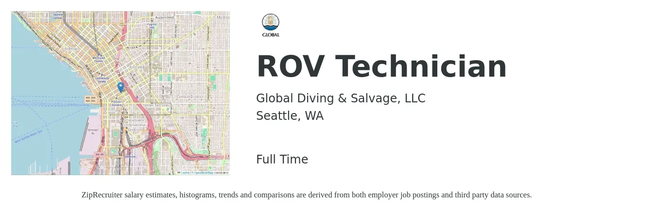 Global Diving & Salvage, LLC job posting for a ROV Technician in Seattle, WA with a salary of $52,000 to $79,700 Yearly with a map of Seattle location.