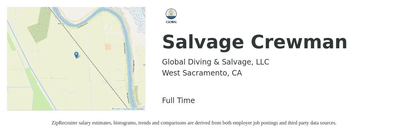 Global Diving & Salvage, LLC job posting for a Salvage Crewman in West Sacramento, CA with a salary of $14 to $20 Hourly with a map of West Sacramento location.