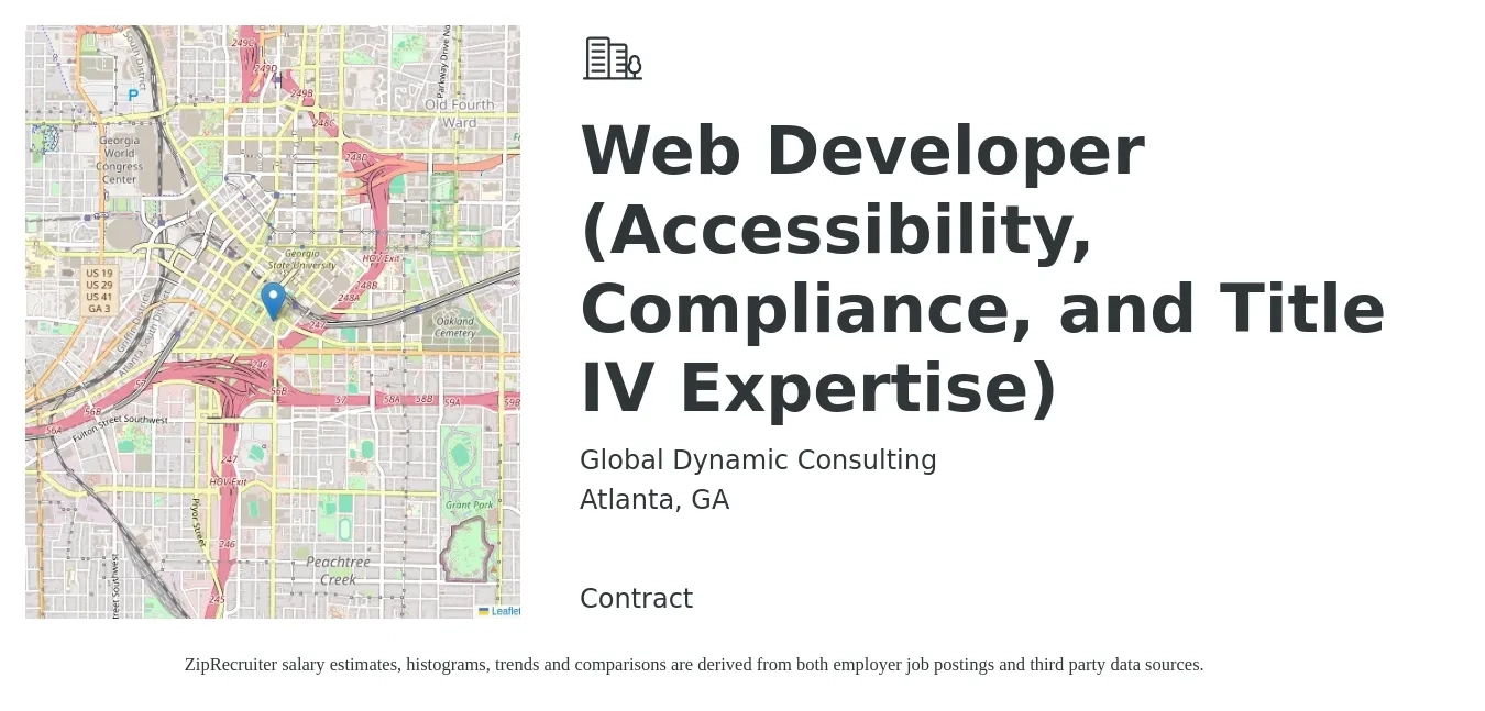 Global Dynamic Consulting job posting for a Web Developer (Accessibility, Compliance, and Title IV Expertise) in Atlanta, GA with a salary of $34 to $54 Hourly with a map of Atlanta location.