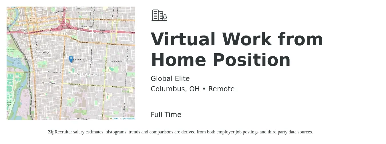 Global Elite job posting for a Virtual Work from Home Position in Columbus, OH with a salary of $20 to $28 Hourly with a map of Columbus location.